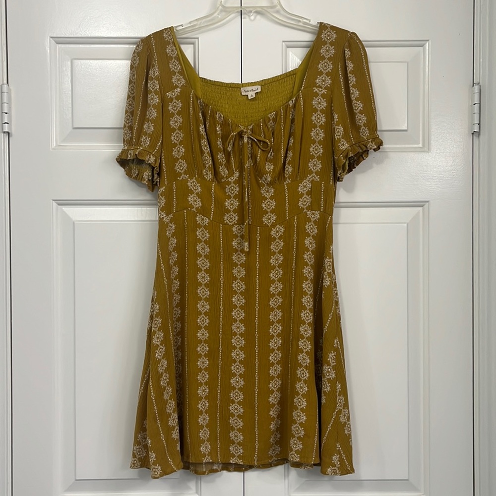 Hem & Thread Boho Mustard Yellow Fit & Flare Short Mini Dress Size L